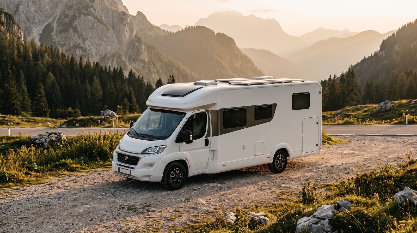 Modernes Wohnmobil an einem Aussichtspunkt in den Alpen im Abendlicht