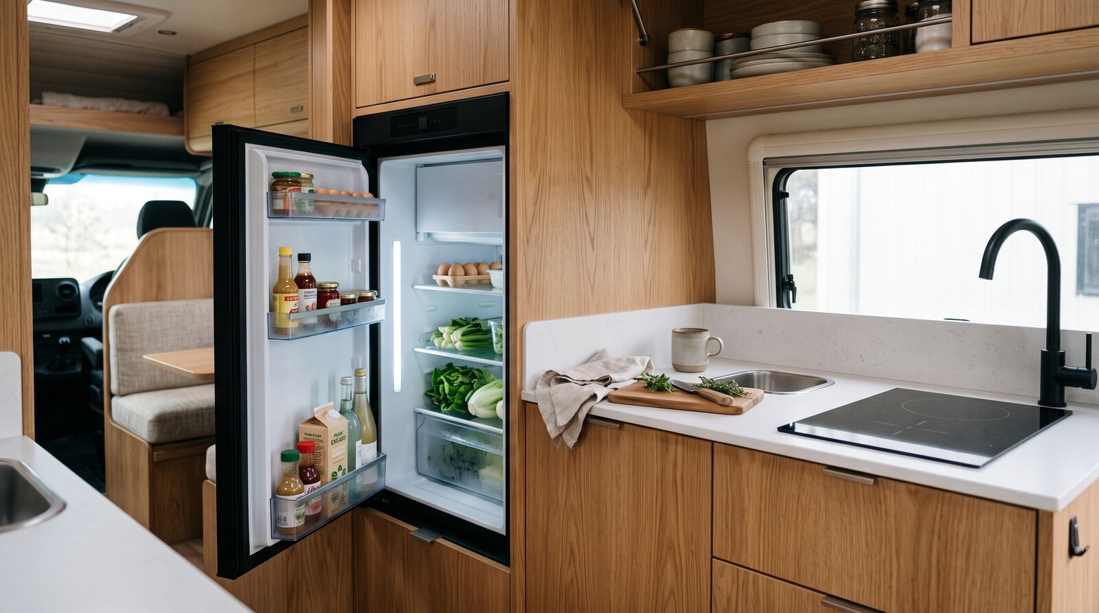 Küchenzeile im Campervan mit eingebautem Kühlschrank