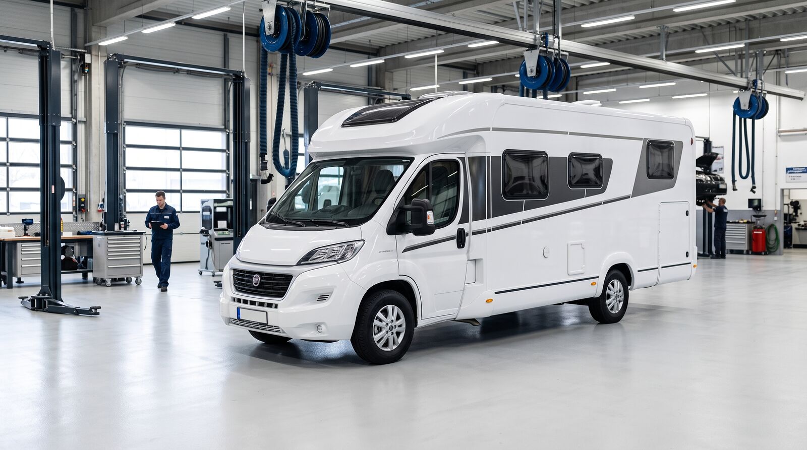 Wohnmobil in einer professionellen Werkstatt zur Wartung